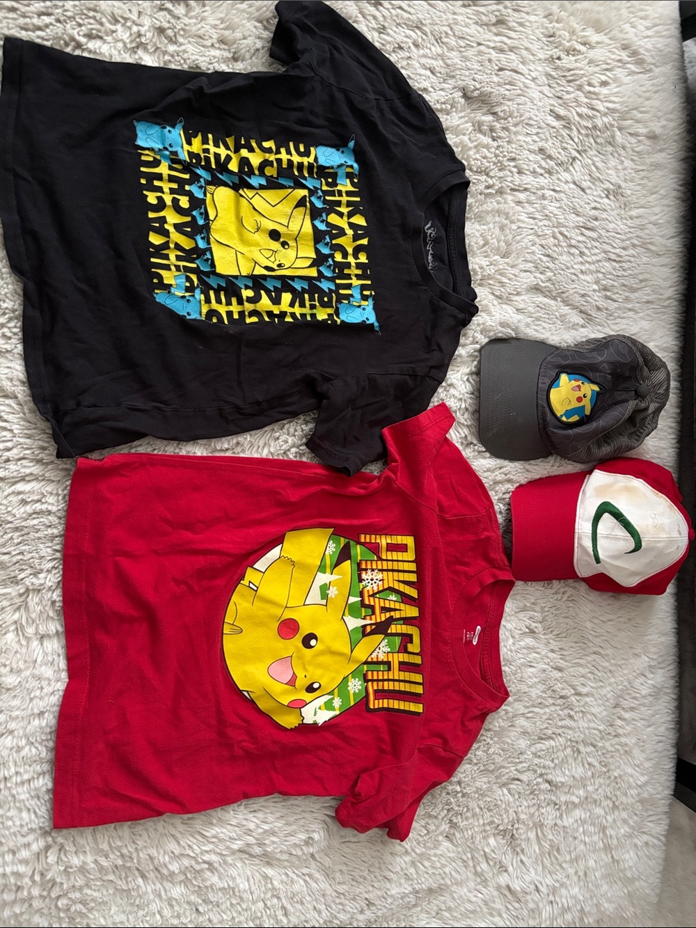 Pikachu Graphic Tee Bundle - Black & Red Pikachu Shirts with Hats — size: 6/7